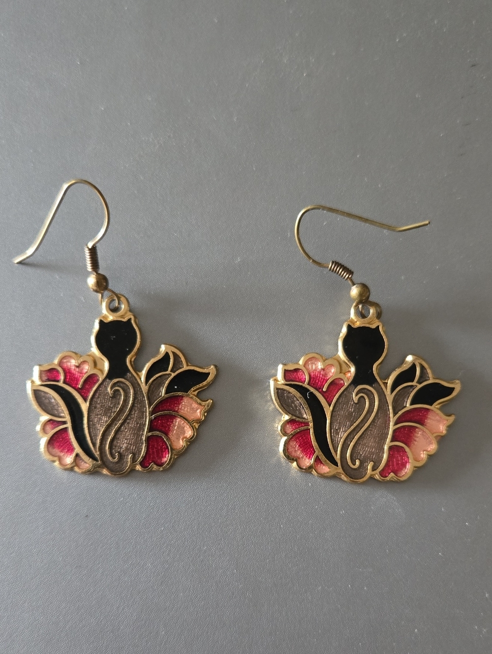 Vintage Cloisonne Cat Enamel Dangle Earrings - 80s